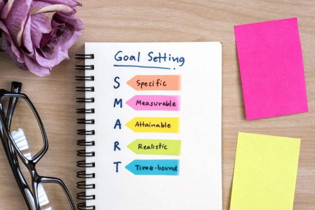 Notebook with Goal Setting and S.M.A.R.T objectives listed on sticky notes, glasses, and a decorative flower on a wooden desk.