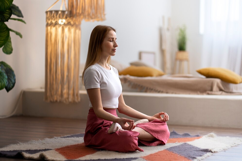 A person sits cross-legged on a patterned rug, meditating peacefully in a serene, well-lit room with plants and soft textiles.